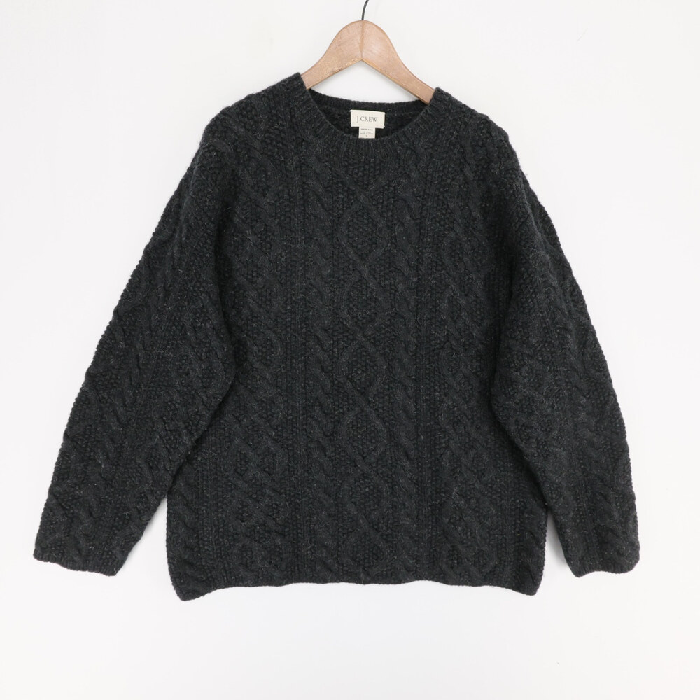 J Crew Sweater Mens L Black Cable Knit Hand Knit Wool Fisherman Crewneck
